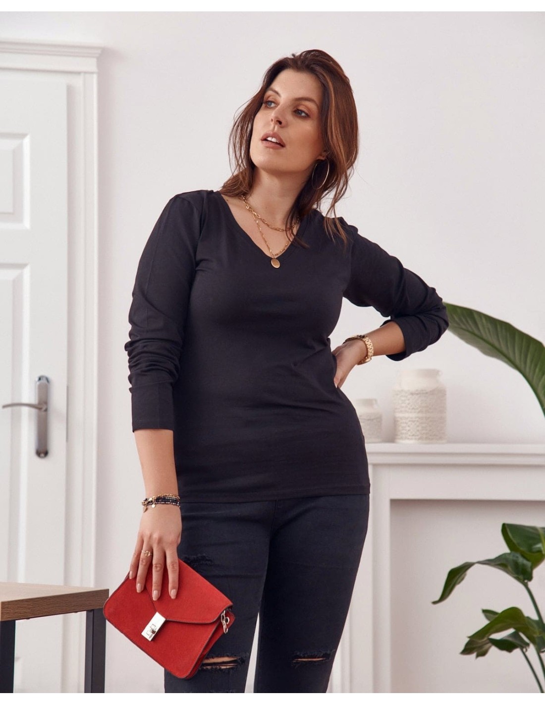 Plus Size long-sleeved blouse, black FK568 - Online store - Boutique